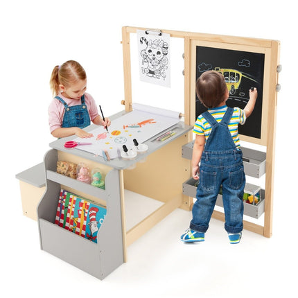 6 in 1 Kinderstaffelei-Set mit doppelseitiger Kreidetafel &amp; Whiteboard &amp; Papierrolle grau