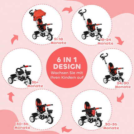 6-in-1 kinderdriewieler met duwstang, kap, riem, opbergmand, 18+ maanden, rood