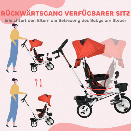 6-in-1 kinderdriewieler met duwstang, kap, riem, opbergmand, 18+ maanden, rood