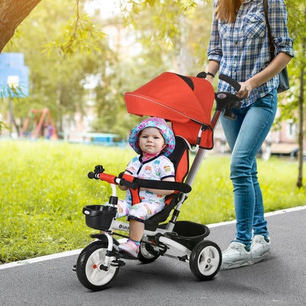 6-in-1 kinderdriewieler met duwstang, kap, riem, opbergmand, 18+ maanden, rood