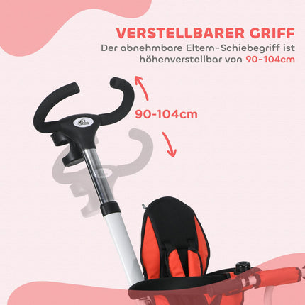 6-in-1 kinderdriewieler met duwstang, kap, riem, opbergmand, 18+ maanden, rood