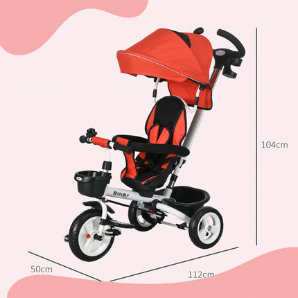 6-in-1 kinderdriewieler met duwstang, kap, riem, opbergmand, 18+ maanden, rood