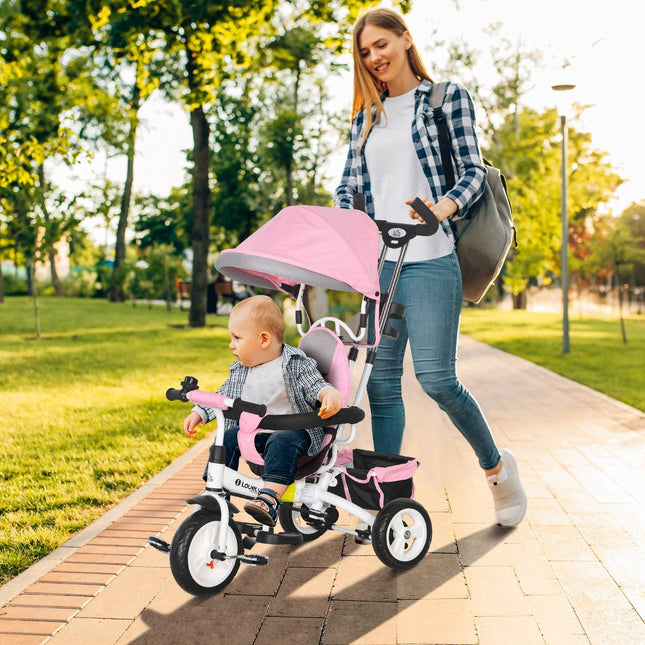 Kinderdreirad mit Schiebestange, Sonnendach, Stauraum, Rosa
