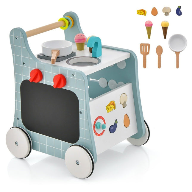 6 in 1 Lauflernwagen aus Holz mit Spielküche &amp; Lernuhr &amp; Formanpassung &amp; Lauflernwagen blau