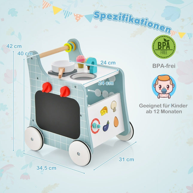 6 in 1 Lauflernwagen aus Holz mit Spielküche &amp; Lernuhr &amp; Formanpassung &amp; Lauflernwagen blau