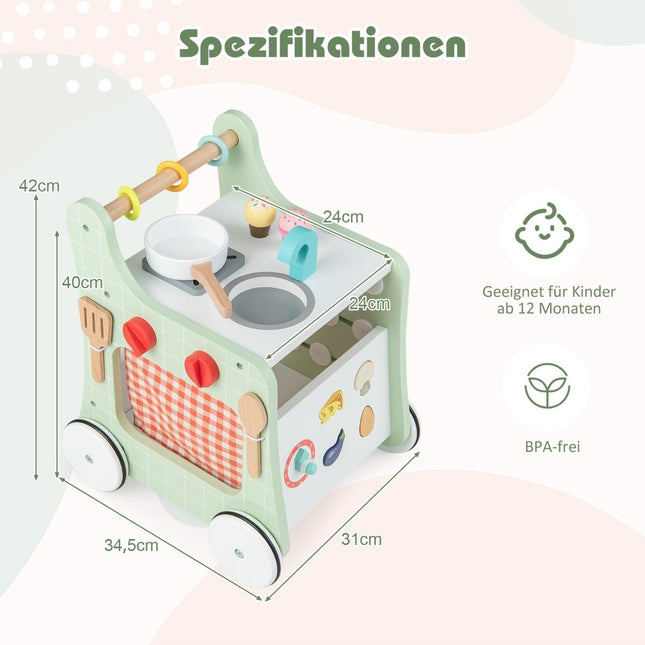 6 in 1 Lauflernwagen aus Holz mit Spielküche &amp; Lernuhr &amp; Formanpassung &amp; beweglichem Schieber grün