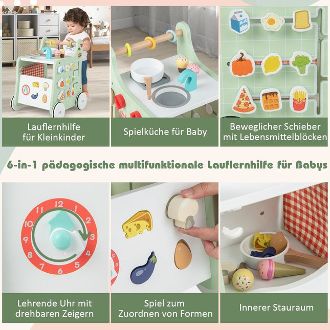6 in 1 Lauflernwagen aus Holz mit Spielküche &amp; Lernuhr &amp; Formanpassung &amp; beweglichem Schieber grün