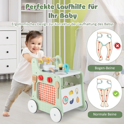 Dřevěné dětské chodítko 6 v 1 s kuchyňkou, hodinami, vkládacími tvary a posuvníkem, zelená