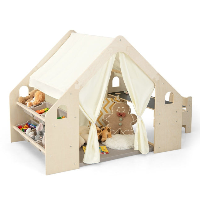 6-in-1 Holz Kinderzelt mit Kindertisch &amp; Stuhl &amp; Matte &amp; Tafel Spielhaus 145 x 98 x 113 cm