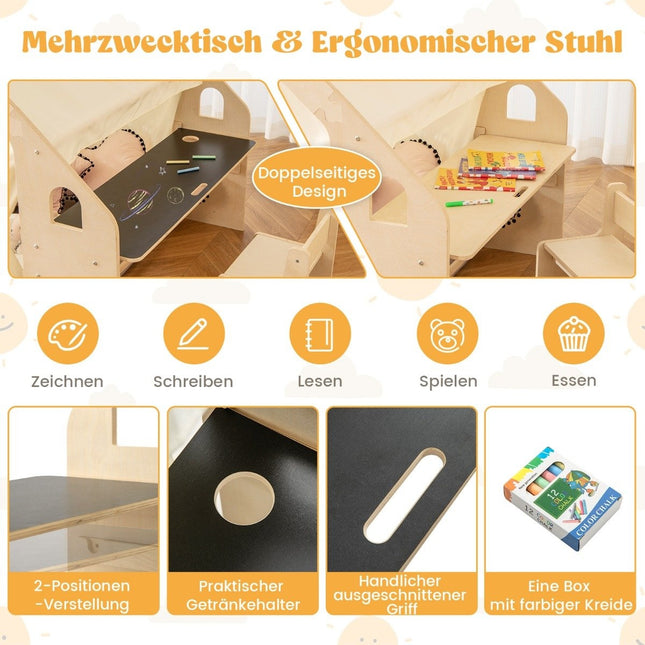 6-in-1 Holz Kinderzelt mit Kindertisch &amp; Stuhl &amp; Matte &amp; Tafel Spielhaus 145 x 98 x 113 cm