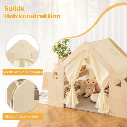 6-in-1 Holz Kinderzelt mit Kindertisch &amp; Stuhl &amp; Matte &amp; Tafel Spielhaus 145 x 98 x 113 cm