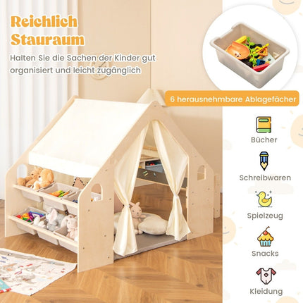 6-in-1 Holz Kinderzelt mit Kindertisch &amp; Stuhl &amp; Matte &amp; Tafel Spielhaus 145 x 98 x 113 cm