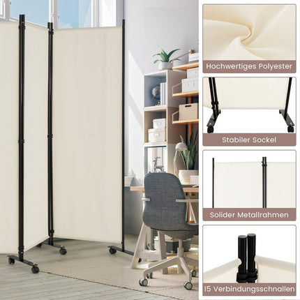 6-teiliger faltbarer Raumteiler 172 cm hoch Sichtschutz mit feststellbaren Rollen beige