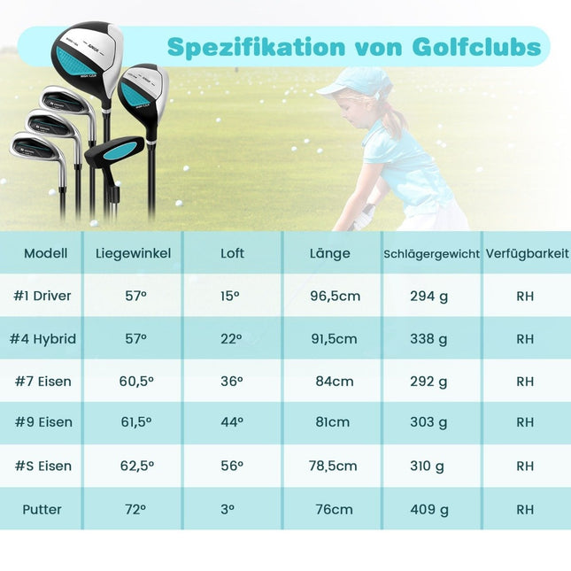 6-delige kindergolfclubset met golftas en regenhoes voor kinderen van 11-13 jaar blauw