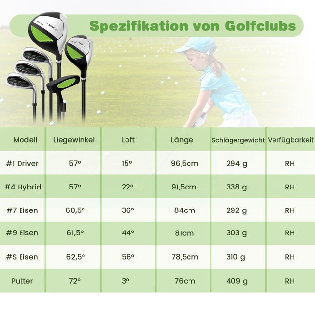 6-delige kindergolfclubset met golftas en regenhoes voor kinderen van 11-13 jaar groen