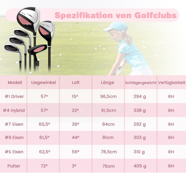 6-delige kindergolfclubset met golftas en regenhoes voor kinderen van 11-13 jaar, roze