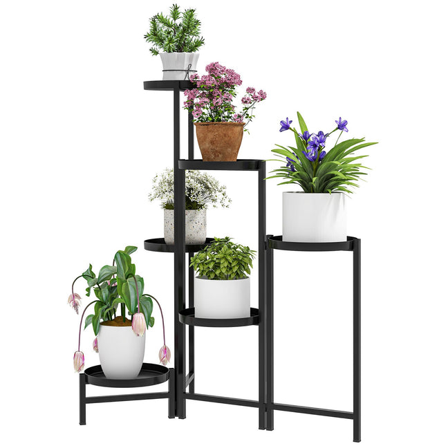 Klappbarer Pflanzenständer aus Metall mit Ablagen, 80 cm hoch, schwarz