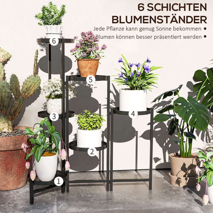 Klappbarer Pflanzenständer aus Metall mit Ablagen, 80 cm hoch, schwarz