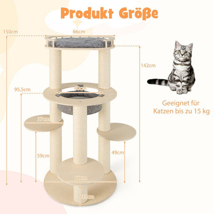Arbre à chat en bois à 6 niveaux avec hamac, 4 surfaces de couchage et 3 griffoirs 66 x 66 x 150 cm