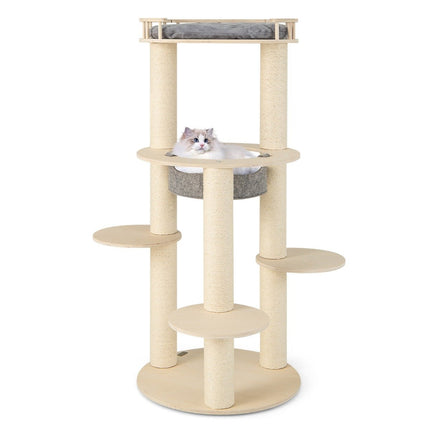 Arbre à chat en bois à 6 niveaux avec hamac, 4 surfaces de couchage et 3 griffoirs 66 x 66 x 150 cm