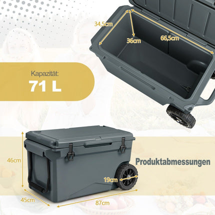 71L Isolierbox mit Flaschenöffner &amp; Griff &amp; Rädern Tragbarer Kühler Wärmebehälter Grau