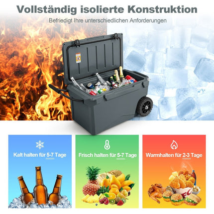 71L Isolierbox mit Flaschenöffner &amp; Griff &amp; Rädern Tragbarer Kühler Wärmebehälter Grau