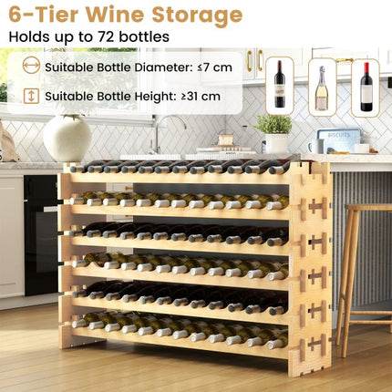 72-Bottle Wine Rack, 6-Tier Stackable Pine Wood