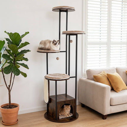 72-Inch Multi-Level Cat Condo with Top Perch, Rustic Brown