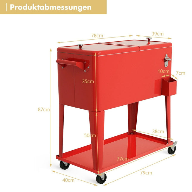 76L Kühlwagen mit Ablage &amp; Flaschenöffner Servierwagen Kühlbox mit Rollen Kühlbehälter Rot
