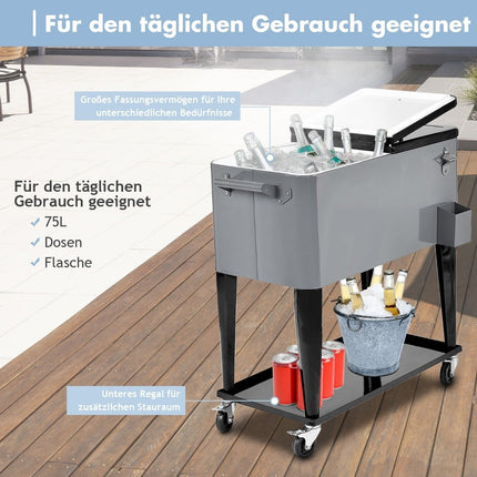 76L Kühlwagen mit Ablage &amp; Flaschenöffner Servierwagen Kühlbox mit Rollen Kühlbehälter Silber