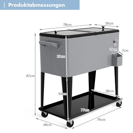 76L Kühlwagen mit Ablage &amp; Flaschenöffner Servierwagen Kühlbox mit Rollen Kühlbehälter Silber