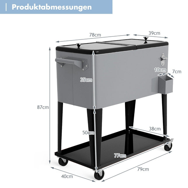 76L Kühlwagen mit Ablage &amp; Flaschenöffner Servierwagen Kühlbox mit Rollen Kühlbehälter Silber