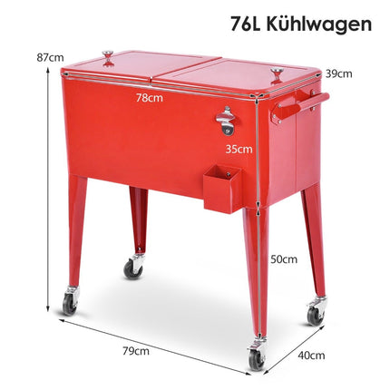 76L refrigerator trolley with wheels side trolley mobile cool box drinks trolley 91 x 48 x 87 cm red