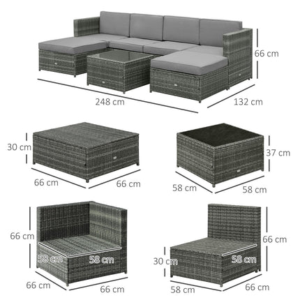 Gartenmöbel aus Polyrattan mit Hocker, grau