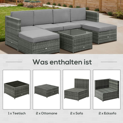 Gartenmöbel aus Polyrattan mit Hocker, grau