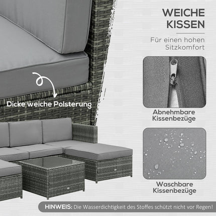 Gartenmöbel aus Polyrattan mit Hocker, grau