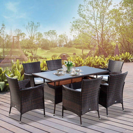 7-teiliges Garten-Essgruppe aus braunem Polyrattan mit Auflagen
