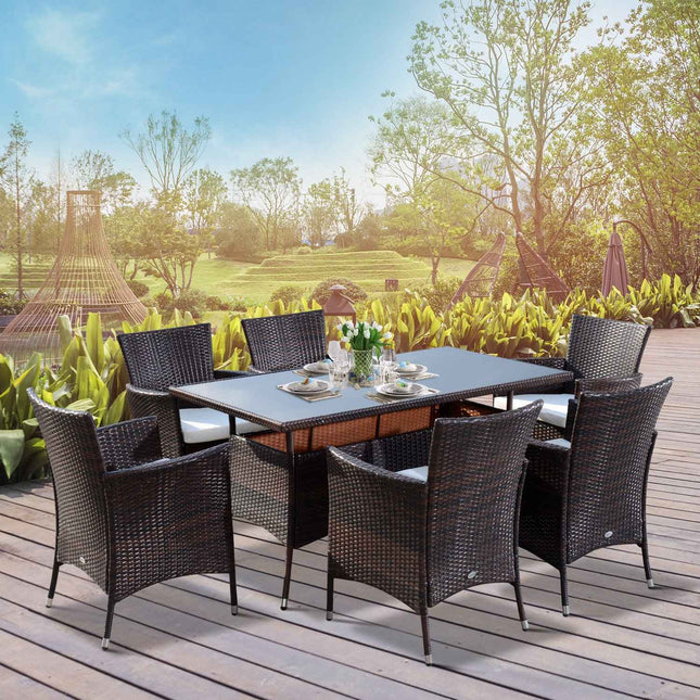 7-teiliges Garten-Essgruppe aus braunem Polyrattan mit Auflagen