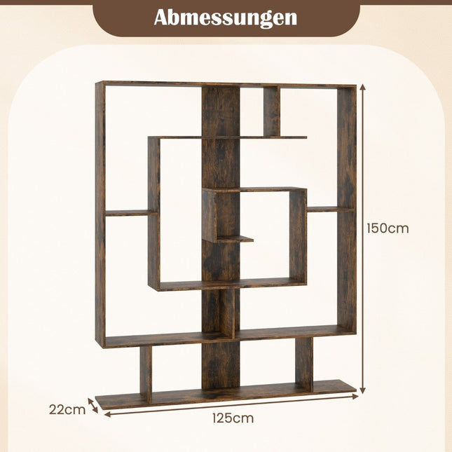 7-stöckiges Bücherregal, geometrisches Design, Rustikales Braun