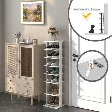 7-stöckiges schmales vertikales Schuhregal, Holzwerkstoff, Weiß