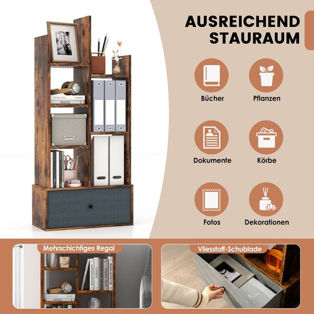 7-stöckiges offenes Bücherregal mit Schublade, 53x24x118 cm, Braun