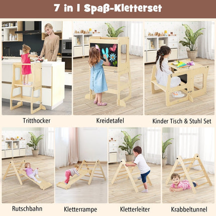 Dětská lezecká sestava 7 v 1 se skluzavkou, stoličkou a tabulí