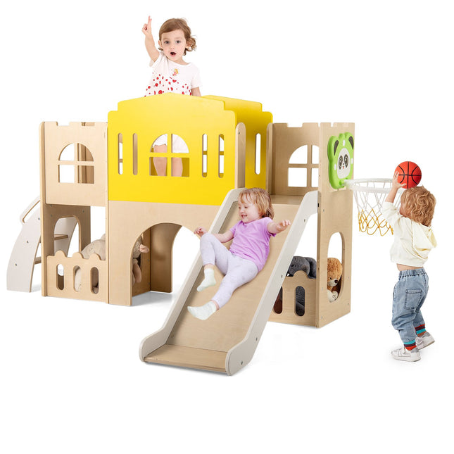 7-in-1 Kleinkind-Rutsche, Holz-Schloss Indoor Outdoor