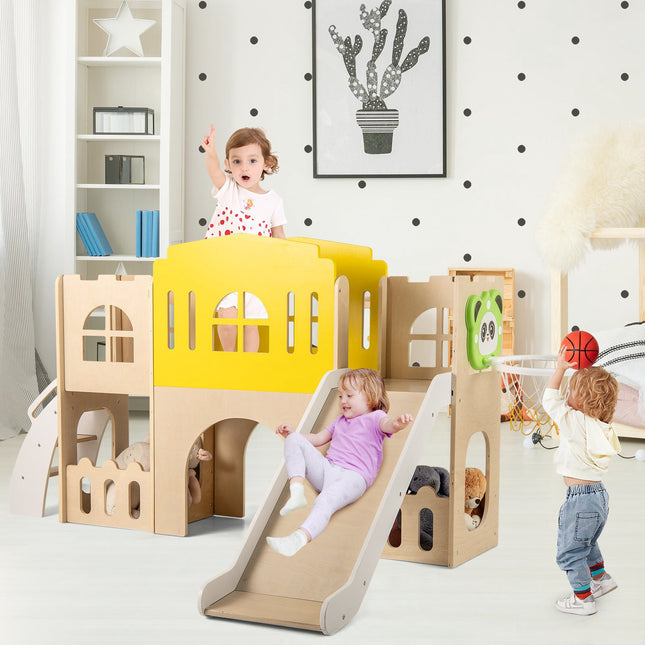 7-in-1 Kleinkind-Rutsche, Holz-Schloss Indoor Outdoor