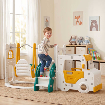 7-in-1 Toddler Slide and Swing Set with Car and Crawl Tunnel, 1–4 Years, White