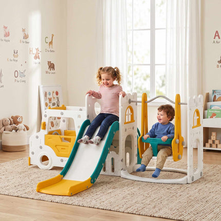 7-in-1 Toddler Slide and Swing Set with Car and Crawl Tunnel, 1–4 Years, White