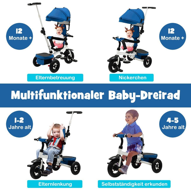7 in 1 Kinderdreirad mit umkehrbarem Sitz &amp; verstellbarem Verdeck &amp; Schiebegriff Laufrad Blau