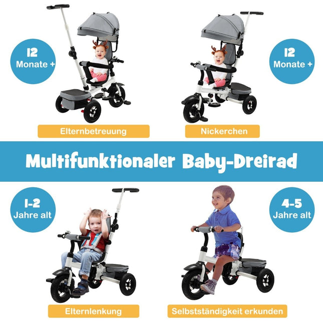 7 in 1 Kinderdreirad mit umkehrbarem Sitz &amp; verstellbarem Verdeck &amp; Schiebegriff Laufrad Grau