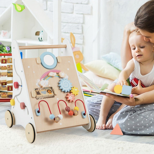 7 in 1 Lauflernwagen aus Holz mit Spielbrett &amp; Spiegel &amp; Bausteinen &amp; Aufbewahrungsbox Lauflernwagen
