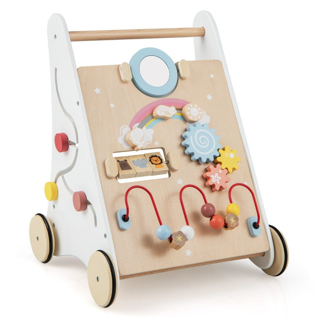 7 in 1 Lauflernwagen aus Holz mit Spielbrett &amp; Spiegel &amp; Bausteinen &amp; Aufbewahrungsbox Lauflernwagen